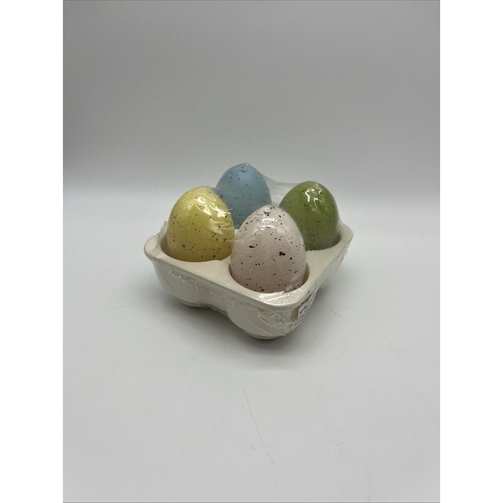 Set Of 4 Pastel Colored Speckled Easter Egg Candles Ceramic Egg Carton 2.75” Egg